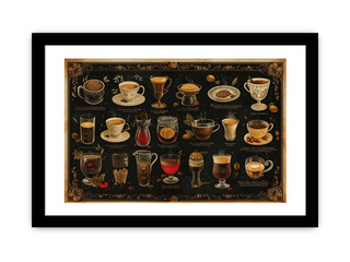 Framed artwork displaying various cups and glasses with drinks on a black background
