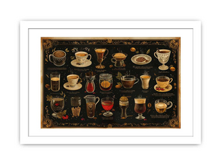 Framed artwork displaying various cups and glasses with drinks on a black background