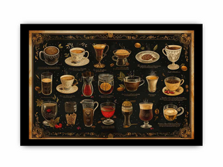 Decorative poster with various cups and glasses of beverages on a black background