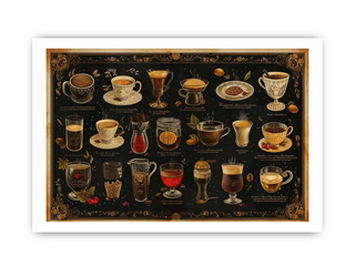 Decorative poster with various cups and glasses of beverages on a black background