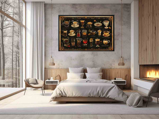 Modern bedroom with a large bed, wall art, and fireplace.