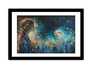 Framed artwork of a woman in a field with a moonlit sky