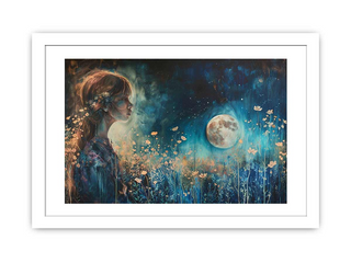 Framed artwork of a woman in a field with a moonlit sky