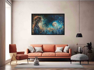 Living room with a painting of a woman with a full moon and butterflies above an orange sofa.