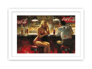Framed artwork of a woman sitting at a bar with a man, featuring Coca-Cola branding.