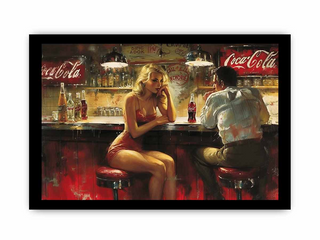 Artistic depiction of a woman and a man at a bar with Coca-Cola branding.