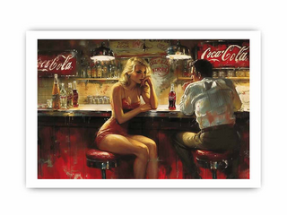 Artistic depiction of a woman and a man at a bar with Coca-Cola branding.
