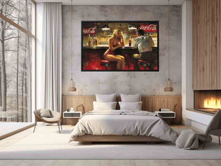 Modern bedroom with a framed Coca-Cola advertisement on the wall