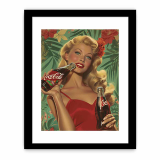 Vintage-style framed artwork of a woman holding Coca-Cola bottles against a tropical leaf background.