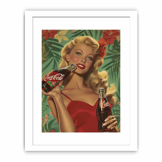 Vintage-style poster of a woman holding Coca-Cola bottles with a tropical leaf background.