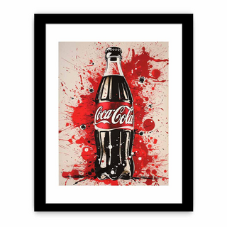 Framed artwork of a Coca-Cola bottle with red splashes on a beige background