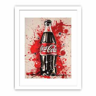 Framed artwork of a Coca-Cola bottle with red splashes on a beige background