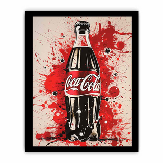 Framed artwork of a Coca-Cola bottle with red splashes on a beige background