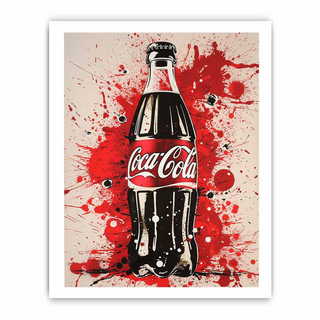 Coca-Cola bottle graphic with red splashes on a beige background