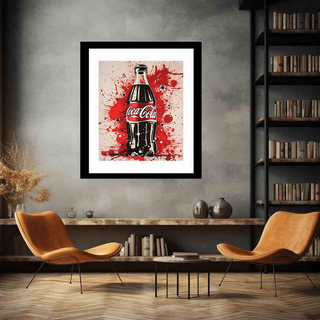 Framed Coca-Cola poster on a wall in a modern living room with two orange chairs.