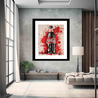 Framed artwork of a Coca-Cola bottle on a wall in a modern living room.