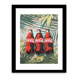 Framed artwork of Coca-Cola bottles with palm leaves