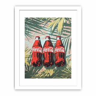 Framed artwork of three Coca-Cola bottles with palm leaves in the background
