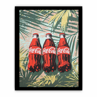 Framed artwork of three Coca-Cola bottles on a tropical leaf background