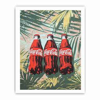 Three Coca-Cola bottles on a tropical leaf background