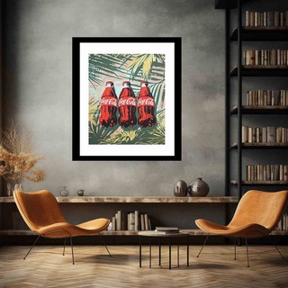 Framed artwork of Coca-Cola bottles on a wall in a modern living room.