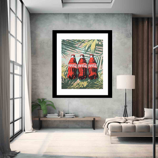 Framed artwork of Coca-Cola bottles on a wall in a modern living room.
