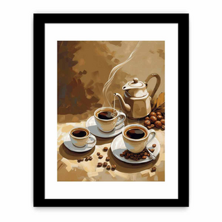Framed artwork of a coffee scene with cups, a teapot, and coffee beans.