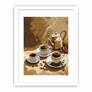 Framed artwork of a still life with coffee cups and a teapot on a table.