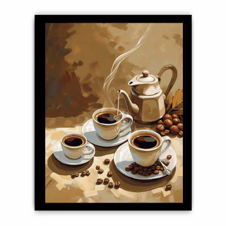 Framed artwork of a coffee scene with cups, a teapot, and coffee beans.