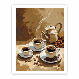 Art print of a still life scene with coffee cups, a teapot, and coffee beans on a wooden surface.