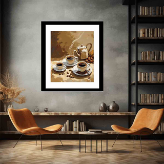 Framed painting of a tea set on a wall above two orange chairs in a room with bookshelves.