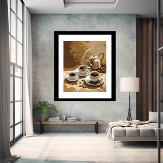 Framed artwork of a coffee scene in a modern living room.