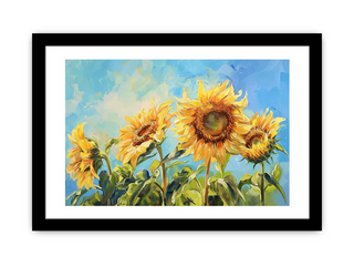 Framed artwork of sunflowers with a blue sky background