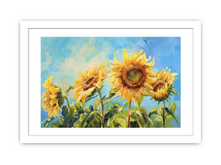 Framed artwork of sunflowers against a blue sky