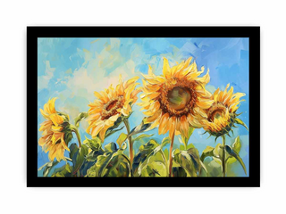 Framed artwork of sunflowers against a blue sky
