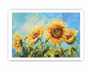Painting of sunflowers with a blue sky background