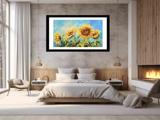 Framed painting of sunflowers above a bed in a modern bedroom.