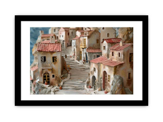 Framed artwork of a Mediterranean village scene with houses and stairs.