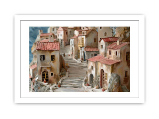 Framed artwork of a quaint village scene with houses and steps.