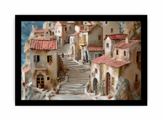 Model of a quaint village with stone buildings and a staircase.