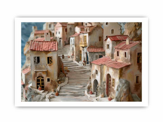 Model of a Mediterranean village with narrow streets and red-tiled roofs.