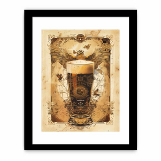 Framed artwork of a glass of dark beer with decorative elements on a beige background
