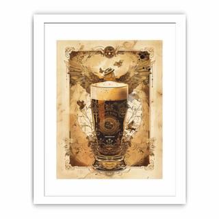 Decorative print of a glass of beer with vintage-style frame and design elements.