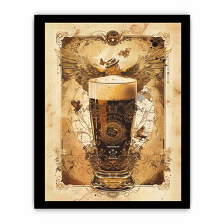 Framed artwork of a glass of dark beer with decorative elements on a beige background