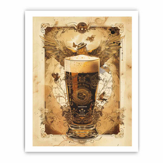 Decorative poster with a glass of dark beer and vintage-style design elements on a beige background.