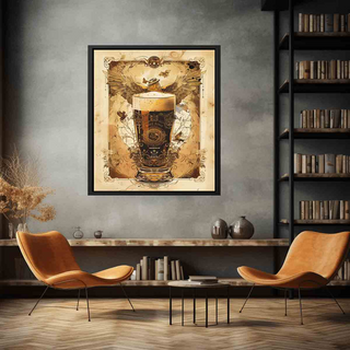 Framed artwork of a glass of beer in a living room with two brown chairs and a bookshelf.