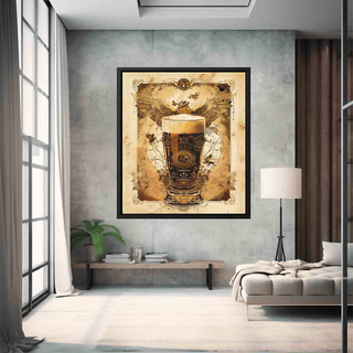 Framed artwork of a beer glass on a wall in a modern living room.