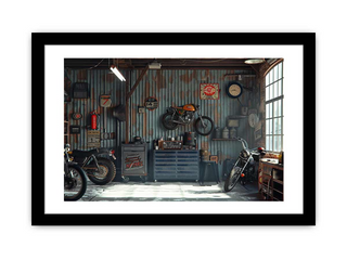 Framed picture of a garage with motorcycles and tools on a white background