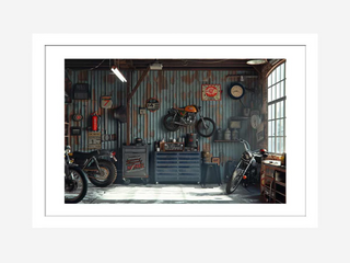 Garage interior with motorcycles, tools, and decor on a striped wall.