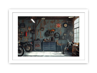 Garage interior with motorcycles, tools, and decor on a striped wall.